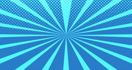Vintage colorful comic book background. Blue blank bubbles of different shapes. Rays, radial, halftone, dotted effects. For sale banner for your designe 1960s. With copy space eps10.