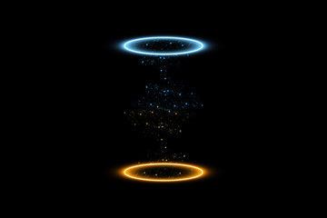 Magic fantasy portal. Futuristic teleport. Light effect. Blue and yellow candles rays of a night scene with sparks on a transparent background. Empty light effect of the podium. Disco club dancefloor