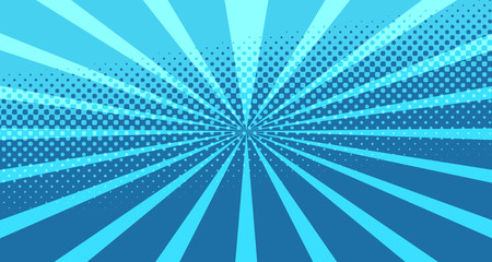 Vintage colorful comic book background. Blue blank bubbles of different shapes. Rays, radial, halftone, dotted effects. For sale banner for your designe 1960s. With copy space eps10.