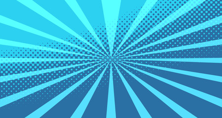 Vintage colorful comic book background. Blue blank bubbles of different shapes. Rays, radial, halftone, dotted effects. For sale banner for your designe 1960s. with copy space eps10