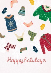 Cute winter postcard with winter clothes pattern, sweter socks mittens hats scarfs and happy holiday wishes