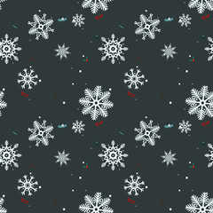 Seamless witner pattern with snowlakes and ash on green back