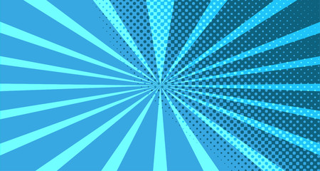 Obraz premium Vintage colorful comic book background. Blue blank bubbles of different shapes. Rays, radial, halftone, dotted effects. For sale banner for your designe 1960s. with copy space eps10