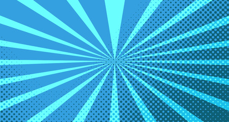 Vintage colorful comic book background. Blue blank bubbles of different shapes. Rays, radial, halftone, dotted effects. For sale banner for your designe 1960s. with copy space eps10
