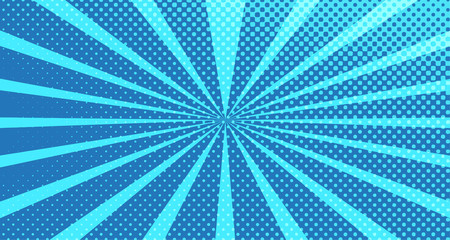 Vintage colorful comic book background. Blue blank bubbles of different shapes. Rays, radial, halftone, dotted effects. For sale banner for your designe 1960s. with copy space eps10