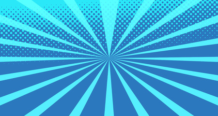 Vintage colorful comic book background. Blue blank bubbles of different shapes. Rays, radial, halftone, dotted effects. For sale banner for your designe 1960s. with copy space eps10