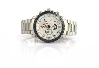 Men's wrist metal watch on white background