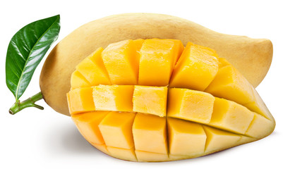 Mango fruit and mango cubes on a white background.