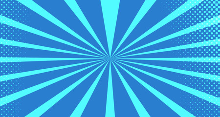 Vintage colorful comic book background. Blue blank bubbles of different shapes. Rays, radial, halftone, dotted effects. For sale banner for your designe 1960s. with copy space eps10