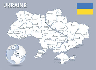 Detailed map of Ukraine with the flag of the country and location on the globe.