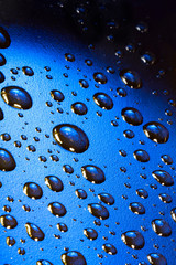 Water droplets on blue background