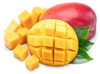 Mango fruit with mango cubes. Isolated on a white background.