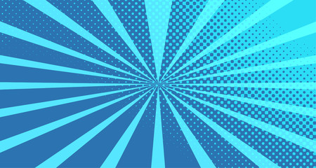 Vintage colorful comic book background. Blue blank bubbles of different shapes. Rays, radial, halftone, dotted effects. For sale banner for your designe 1960s. with copy space eps10