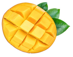 Cross section of mango fruit cut into cubes with a leaf. File contains clipping path.