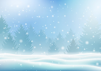 Magic winter landscape with snow covered christmas trees. Merry Christmas and Happy New Year template. Realistic coniferous forest, snowdrift and snowfall. Seasonal holidays vector illustration