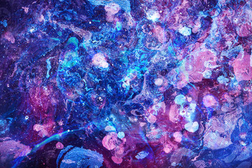 Abstract liquid purple pink blue colors outer space background. Exoplanet cosmic sea pattern, macro northern lights paint stains