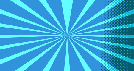 Vintage colorful comic book background. Blue blank bubbles of different shapes. Rays, radial, halftone, dotted effects. For sale banner for your designe 1960s. with copy space eps10