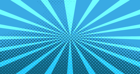 Vintage colorful comic book background. Blue blank bubbles of different shapes. Rays, radial, halftone, dotted effects. For sale banner for your designe 1960s. with copy space eps10