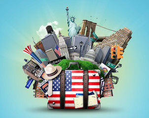 Suitcase with American flag on the background of USA landmarks © Zarya Maxim