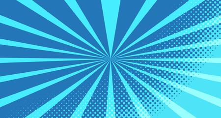 Vintage colorful comic book background. Blue blank bubbles of different shapes. Rays, radial, halftone, dotted effects. For sale banner for your designe 1960s. with copy space eps10