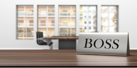 Boss sign on a wooden office desk. Blur business background. 3d illustration