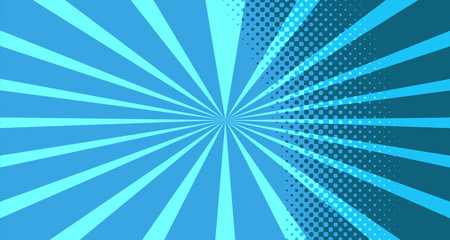 Vintage colorful comic book background. Blue blank bubbles of different shapes. Rays, radial, halftone, dotted effects. For sale banner for your designe 1960s. with copy space eps10