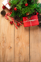 Christmas Gift Box - Pine cones and branches  On the wood