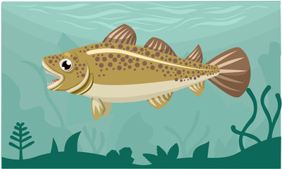 Cod Fish on Green Background Cartoon Design Vector Illustration