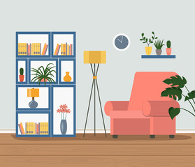 Comfortable chair, bookcase and house plants. Vector flat illustration