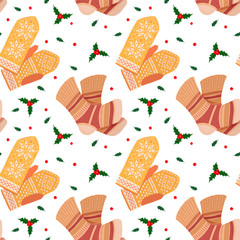 Seamless Christmas cozy pattern whit socks and mittens, also included holly leaves and berries on white background