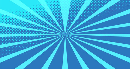 Vintage colorful comic book background. Blue blank bubbles of different shapes. Rays, radial, halftone, dotted effects. For sale banner for your designe 1960s. with copy space eps10