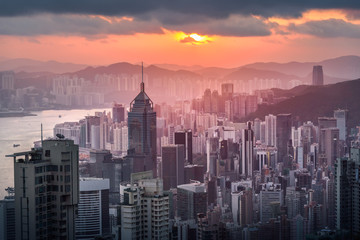 Hong Kong skyline view from Victoria peak before sunrise, travel concept. 