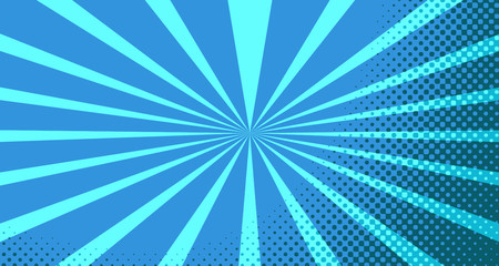 Vintage colorful comic book background. Blue blank bubbles of different shapes. Rays, radial, halftone, dotted effects. For sale banner for your designe 1960s. with copy space eps10