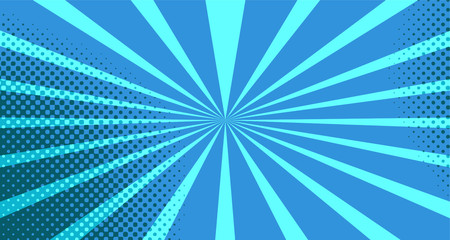 Vintage colorful comic book background. Blue blank bubbles of different shapes. Rays, radial, halftone, dotted effects. For sale banner for your designe 1960s. with copy space eps10