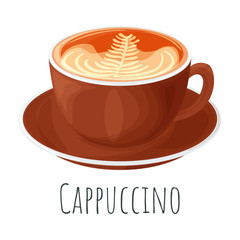 Cappuccino coffee cartoon style vector illustration, isolated realistic colorful coffee icon.