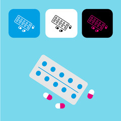 Set of outline and colored pill icons. Pharmaceutical isolated objects. Vector illustration for website, banner, poster, catalog design