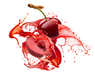 sweet cherries in juice splash isolated on a white background - 305943993