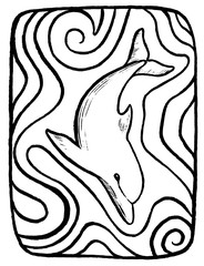 Hand drawn vector illustration. Outline drawing of a dolphin. Abstract picture of sea animals. Undersea world. Line sketch isolated on white. For sticker, poster, banner, card, prints, coloring books.