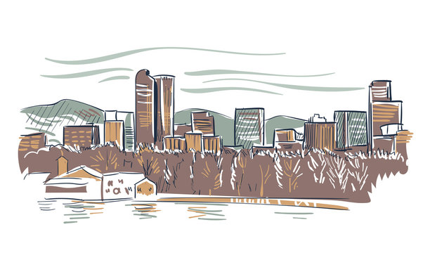 cityscape sketch brown buildings and mountains clip art preview
