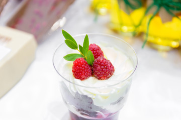 Creamy ice cream with raspberries in a glass glass.