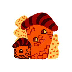 Cute cartoon houses made of stone, striped roofs, trees. Vector illustration, elements for design