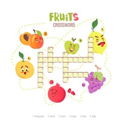 Cartoon crossword in English with cute fruits characters. Education game for children.