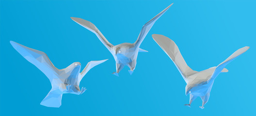 Plaster Eagle. Set of White Eagles on Blue Background. Low Poly Vector 3D Rendering