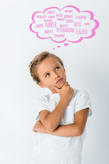 pensive kid touching face near thought bubble with greeting letters on white © LIGHTFIELD STUDIOS