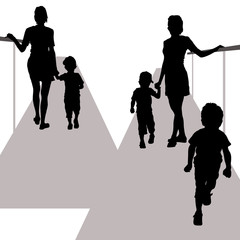 Vector silhouettes of a young woman with a small child. A girl walks across the bridge holding onto the railing and leads the boy's hand. View of people from the back and front view. Mother and son. 