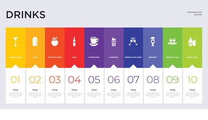 10 drinks concept set included apple juice, brandy glass, brewery, brindis with wine glasses, caipirinha, cappuccino, cask, coconut drink, coke icons