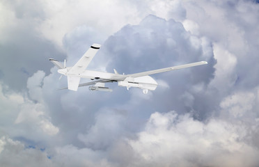 Fototapeta na wymiar unmanned RC military drone flies against the backdrop of blue peaceful sky with rainy grey ominous clouds