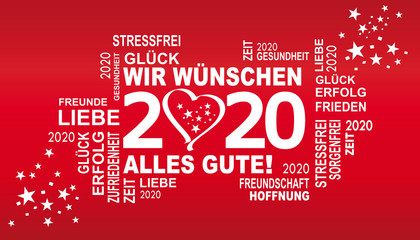 2020 - gute wünsche in rot mit herz und sternen