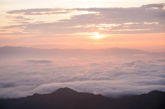 beautiful sunrise at khun sathan national park , nan provine thailand