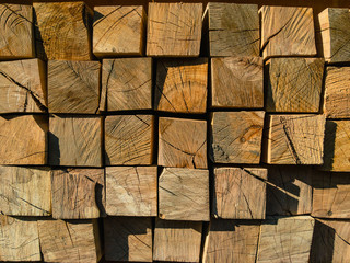 Sawn square beech lumber piled on a sunny day.